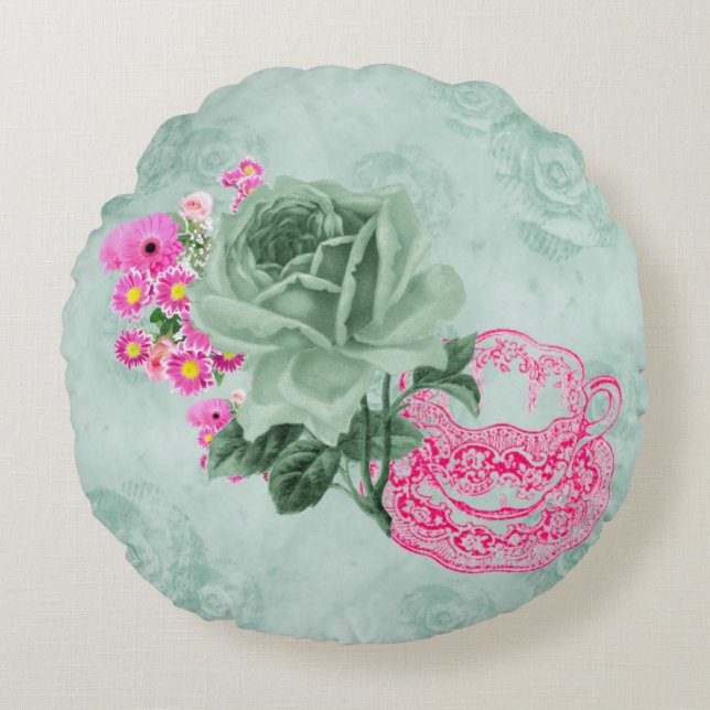 Groen en Roze  Teacup & Flowers Round Pillow Rond Kussen (Voorkant)