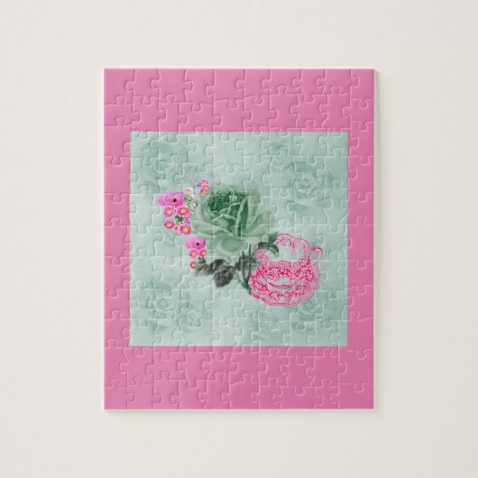 Groen en Roze  Teacup & Rozen Legpuzzel (Verticaal)