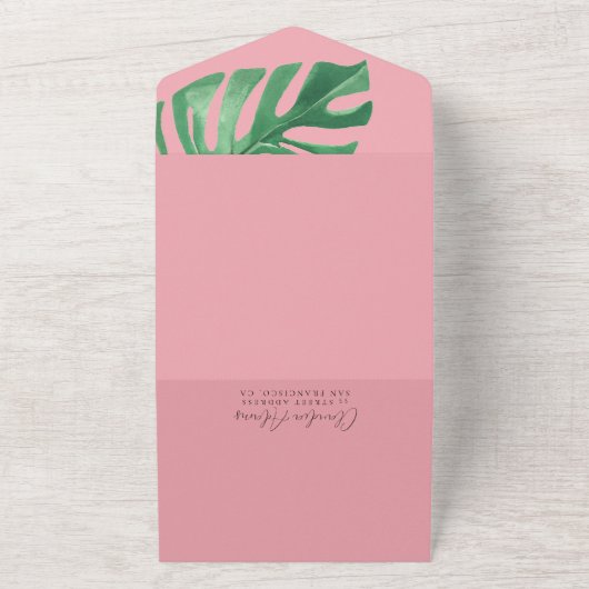 Groen en Roze Tropische Monstera Bachelorette All In One Uitnodiging (Buitenkant)