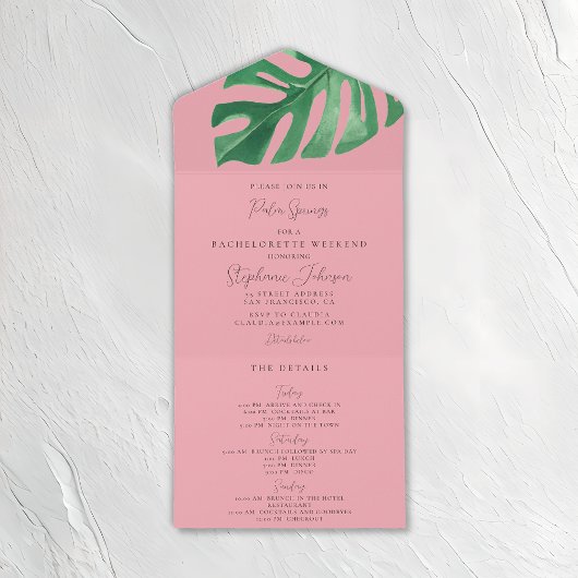Groen en Roze Tropische Monstera Bachelorette All In One Uitnodiging