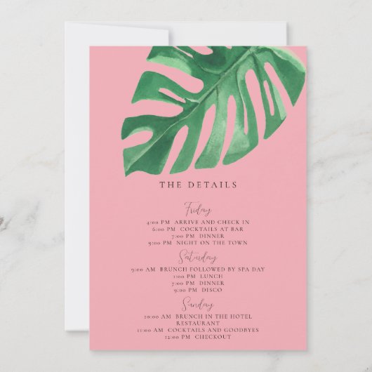 Groen en Roze Tropische Monstera Bachelorette Kaart (Achterkant)