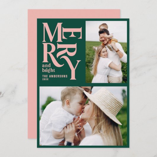 groen en roze vintage prettig kerstfeest aankondiging (Voorkant / Achterkant)