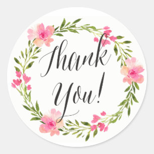 Groen en Roze Waterverf Bloemen Dank u Sticker