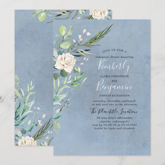 Groen en Stoffelijk Blauw Huwelijk repetitie Diner Kaart (Voorkant / Achterkant)