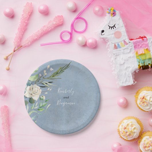 Groen en Stoffig Blauw Bruiloft Papieren Bordje (Feest)