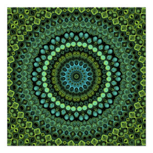 Groen en Turkoois Kaleidoscoop Mandala Patroon Perfect Poster