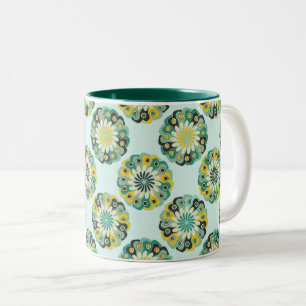 Groen en Turquoise Moderne Geometrische Bloem Patr Tweekleurige Koffiemok