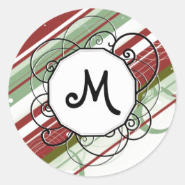 Groen en wijn Modern-Retro Stripes met monogram Ronde Sticker