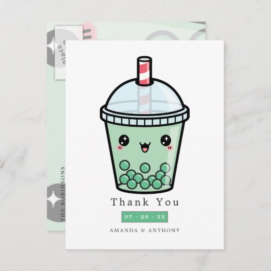 Groen en wit aquarel bloem bruiloft dank je briefkaart (Voorkant / Achterkant)