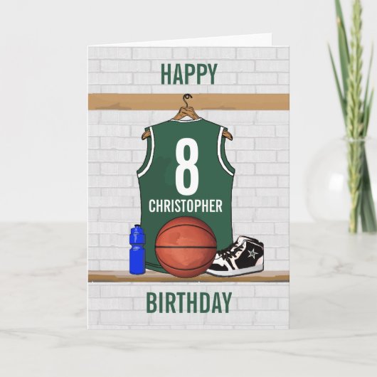 Groen en Wit Basketbal Jersey Happy Birthday Kaart (Voorkant)