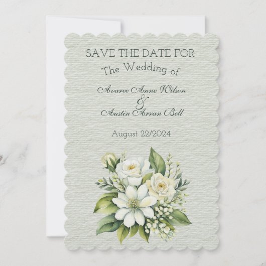 Groen en Wit Bloemen Bruiloft Boeket Save The Date (Voorkant)
