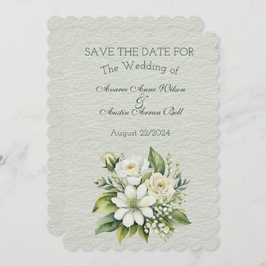 Groen en Wit Bloemen Bruiloft Boeket Save The Date (Voorkant / Achterkant)