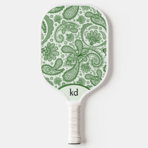 Groen en Wit Bloemen  Paisley Monogram Pickleball Paddle