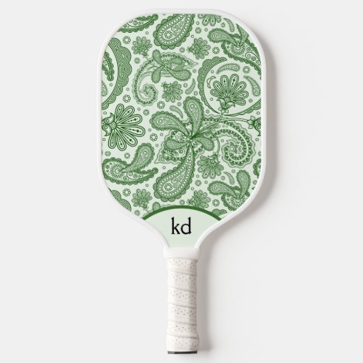 Groen en Wit Bloemen  Paisley Monogram Pickleball Paddle (Voorkant)