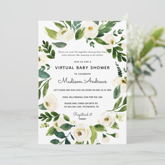 Groen en wit bloemen virtueel Baby shower Kaart (Staand voorkant)