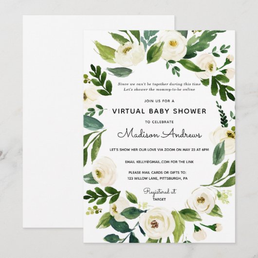 Groen en wit bloemen virtueel Baby shower Kaart (Voorkant / Achterkant)