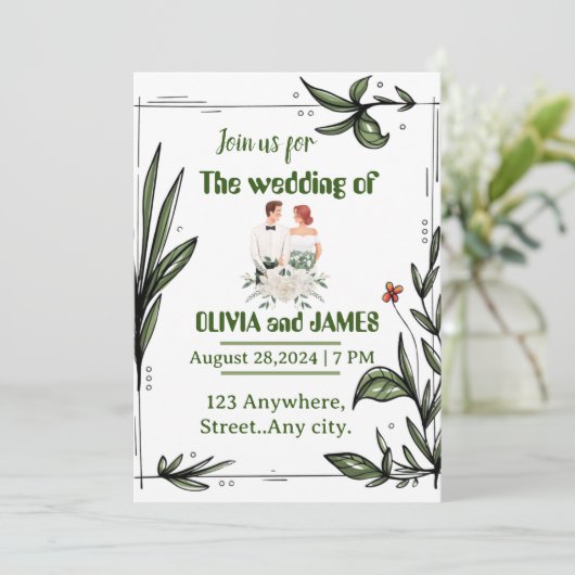 Groen en wit bloemenbruiloft uitnodiging (Staand voorkant)