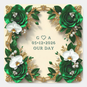 Groen en wit bloemendecor voor een frisse trouwdag vierkante sticker