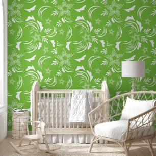 Groen en wit bloemig abstract patroon behang