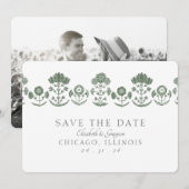 Groen en wit botanisch blokdruk-huwelijk save the date (Voorkant / Achterkant)