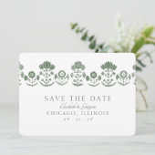 Groen en wit botanisch blokdruk-huwelijk save the date (Staand voorkant)