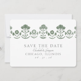 Groen en wit botanisch blokdruk-huwelijk save the date