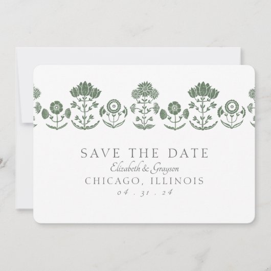 Groen en wit botanisch blokdruk-huwelijk save the date (Voorkant)