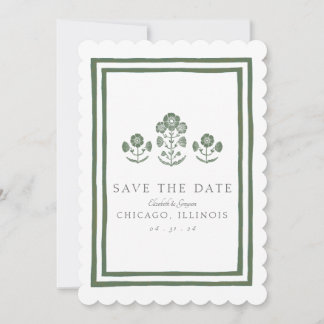 Groen en wit botanisch blokdruk-huwelijksuitnodigi save the date