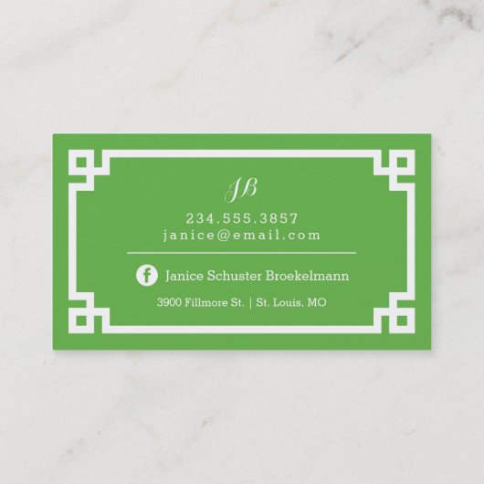 Groen en Wit Chique Griekse Key Border Visitekaartje (Achterkant)