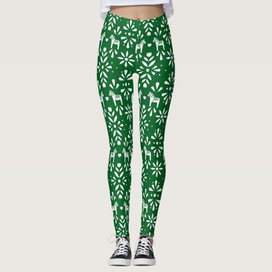 Groen en wit Dala Horse Folk Art Pattern Leggings (Voorkant)