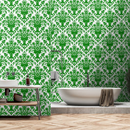 Groen en Wit Damask Bloemschil en stok Behang