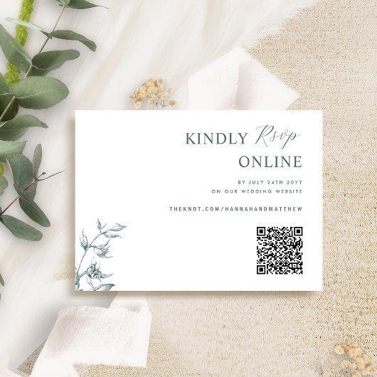 Groen en Wit Elegante QR Code RSVP Huwelijk Informatiekaartje