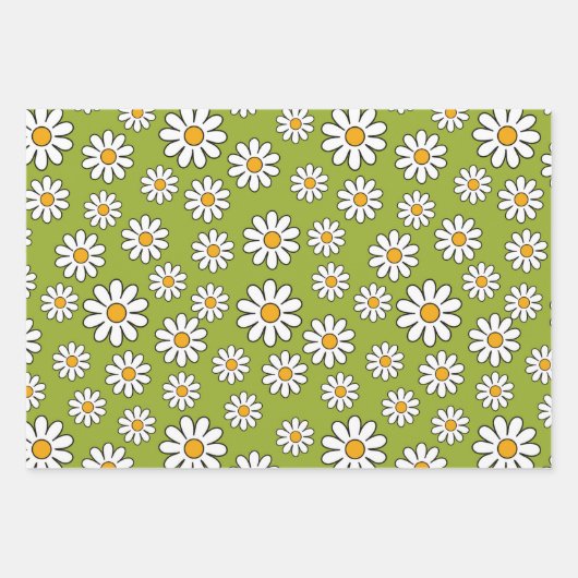 Groen en wit Floral Daisy Pattern Inpakpapier Vel (Voorkant 2)
