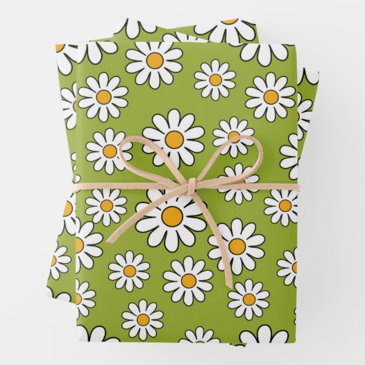 Groen en wit Floral Daisy Pattern Inpakpapier Vel (In situ)