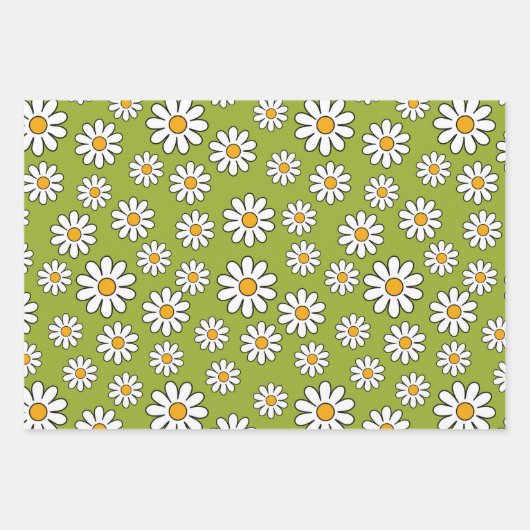 Groen en wit Floral Daisy Pattern Inpakpapier Vel (Voorkant)