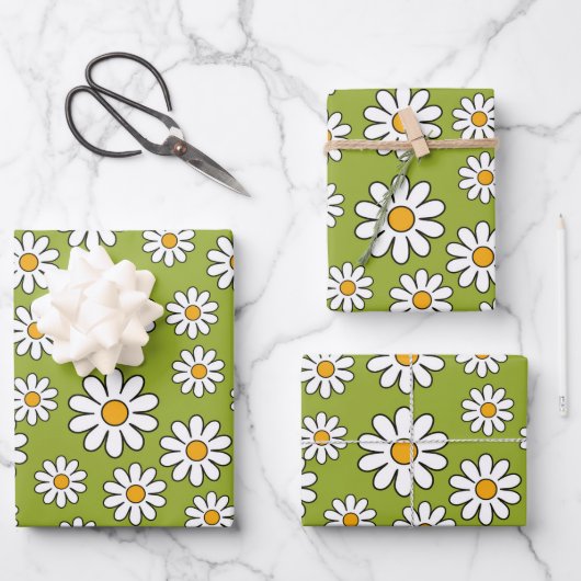 Groen en wit Floral Daisy Pattern Inpakpapier Vel (Voorkant)