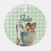 "Groen en Wit Geruit - Lepels in Kop Glas Ornament (Voorkant)