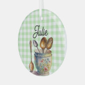 "Groen en Wit Geruit - Lepels in Kop Glas Ornament (Voorkant links)