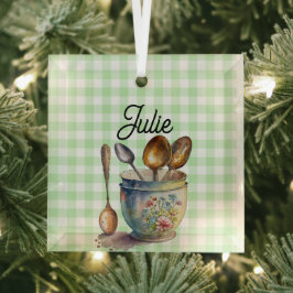 "Groen en Wit Geruit - Lepels in Kop Glas Ornament