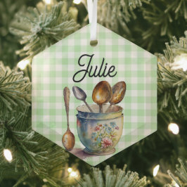 "Groen en Wit Geruit - Lepels in Kop Glas Ornament