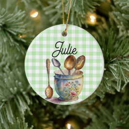 "Groen en Wit Geruit - Lepels in Kop Keramisch Ornament