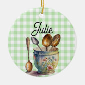"Groen en Wit Geruit - Lepels in Kop Keramisch Ornament (Voorkant)