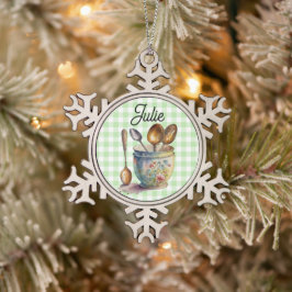 "Groen en Wit Geruit - Lepels in Kop Tin Sneeuwvlok Ornament