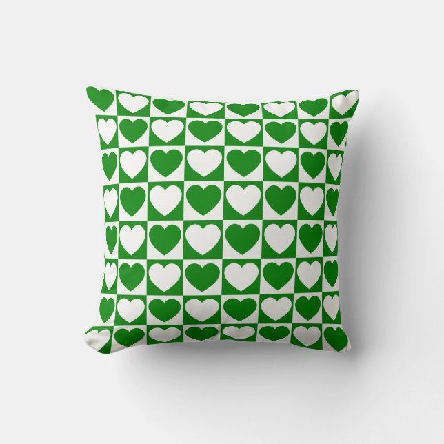 Groen en wit geruit patroon met harten kussen (Voorkant)