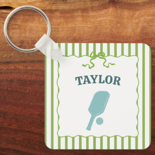 Groen en wit gestreepte Pickleball Gepersonaliseer Sleutelhanger