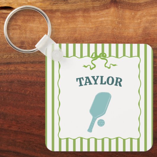 Groen en wit gestreepte Pickleball Gepersonaliseer Sleutelhanger (Voorkant)