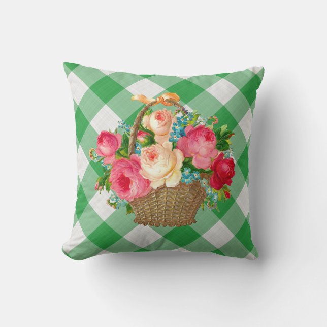Groen en wit Gingham Floral  land Kussen (Voorkant)