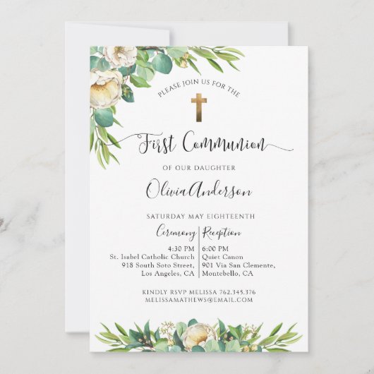 Groen en Wit Goud Bloemen Eerste Communie Kaart (Voorkant)