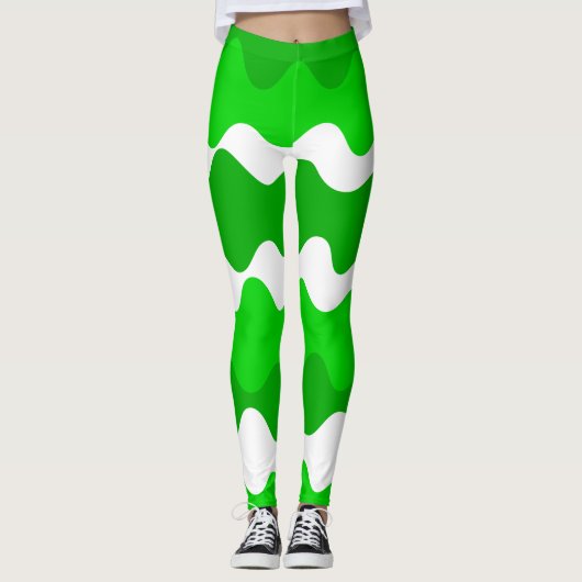 Groen en wit horizontaal golvenpatroon leggings (Voorkant)