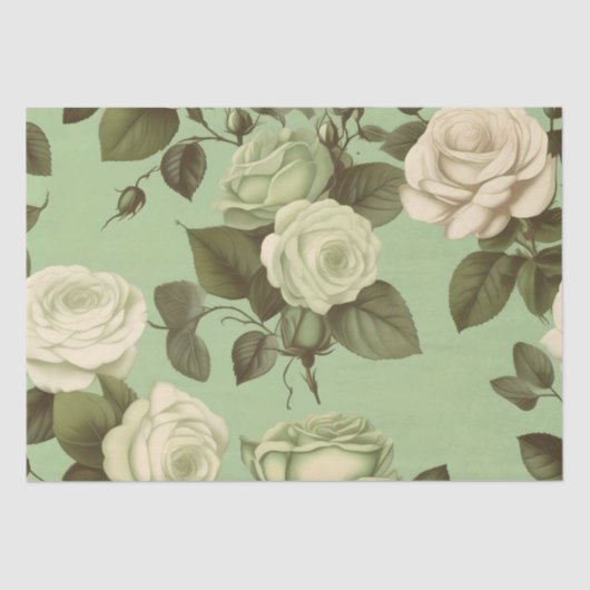 Groen en Wit Italiaanse Bloem Print Decoupage / Tissuepapier (Voorkant)